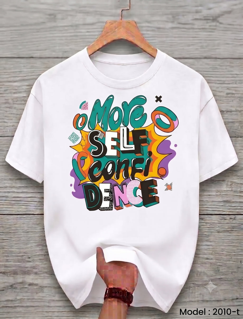 T-SHIRT BRAND FAST PRINT - "More Self Confidence" Retro Typography White Tee 2010