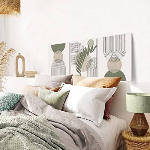 مجموعة KBKBART Sage Green Boho Wall Art من 3 قطع، لوحة فنية جدارية بوهيمية خضراء مريمية، تجريدية هندسية بخطوط أوراق شجر وشمس وقمر باللون البيج من الكانفاس