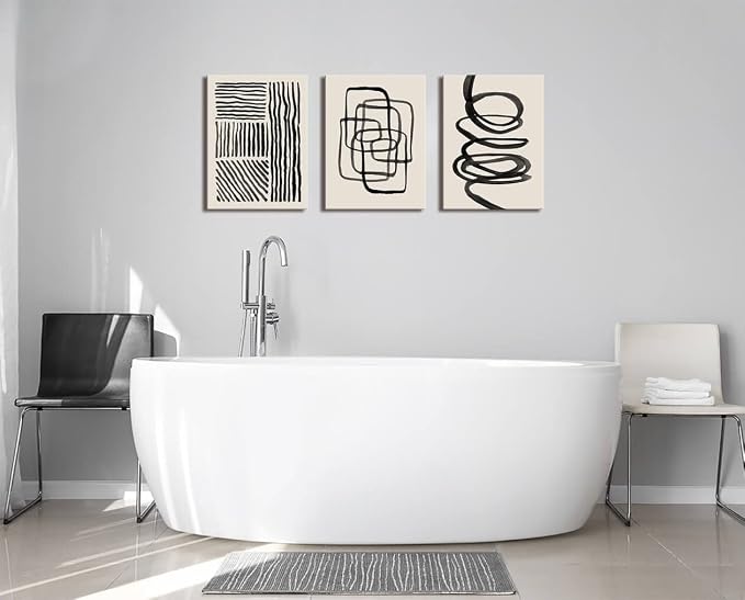 Gray and Black Line Creative Minimalist Abstract Wall Art Decor Modern 3 Pieces Stretched and Framed Pictures HD Artwork Canvas Print Wall Art for Bedroom Bathroom Home Office Wall Decor 12"x16"x3
