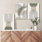 مجموعة KBKBART Sage Green Boho Wall Art من 3 قطع، لوحة فنية جدارية بوهيمية خضراء مريمية، تجريدية هندسية بخطوط أوراق شجر وشمس وقمر باللون البيج من الكانفاس