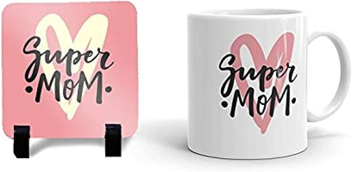 SPADE-Printing Mother's Day Mug with Coaster - Super Mom - Spade Pattern - Porcelain - 1 Piece