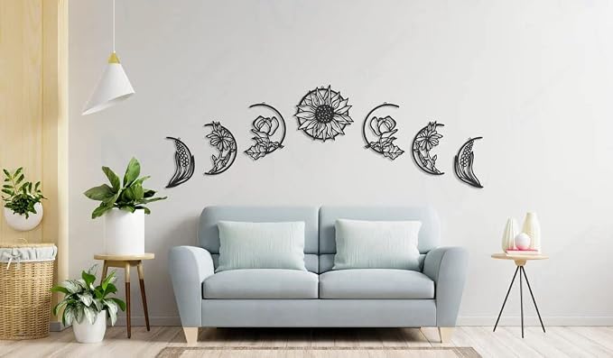 Wooden Art Wall Stickers with Floral and Moon Phase Design, 7-pack, each measuring 30 x 30