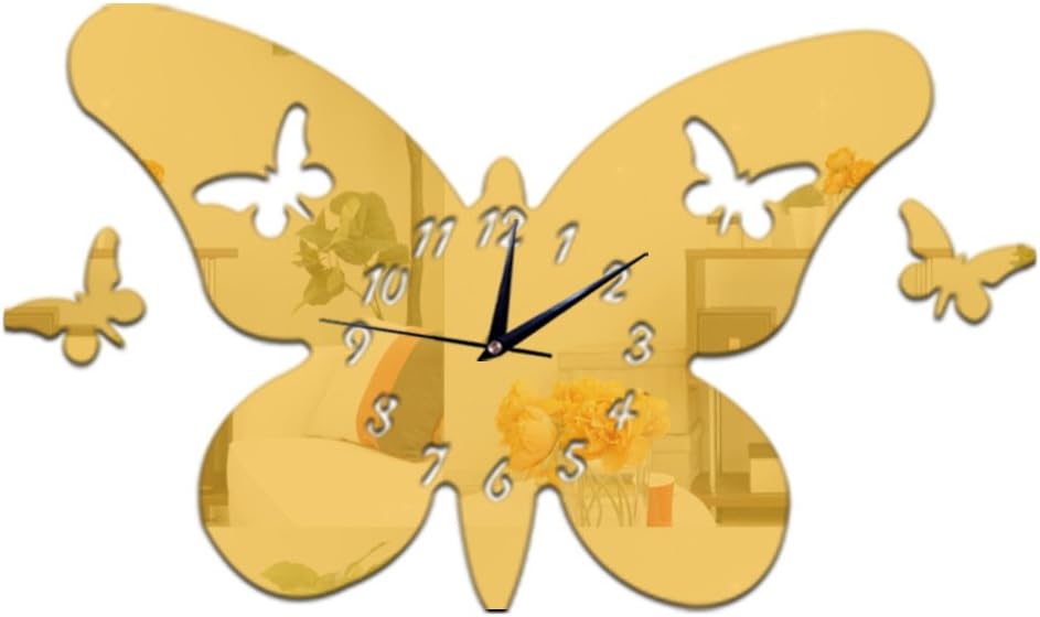 Peculiar Butterfly Shape Frame Creative Wall Clock Removable Mirror Stickers Watch Home living Room Bedroom Decor(Gold)