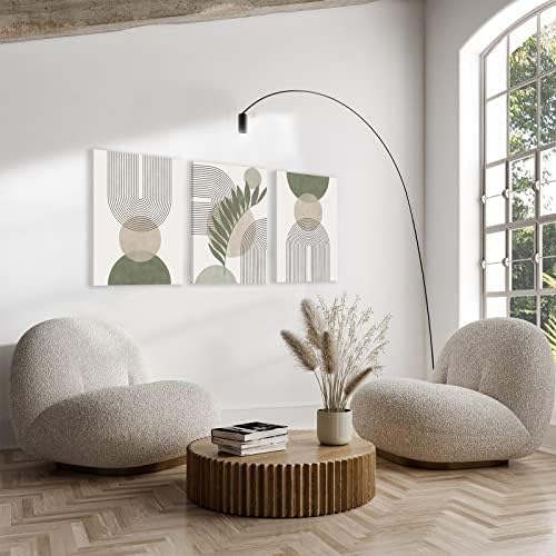 مجموعة KBKBART Sage Green Boho Wall Art من 3 قطع، لوحة فنية جدارية بوهيمية خضراء مريمية، تجريدية هندسية بخطوط أوراق شجر وشمس وقمر باللون البيج من الكانفاس