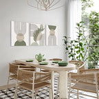 مجموعة KBKBART Sage Green Boho Wall Art من 3 قطع، لوحة فنية جدارية بوهيمية خضراء مريمية، تجريدية هندسية بخطوط أوراق شجر وشمس وقمر باللون البيج من الكانفاس