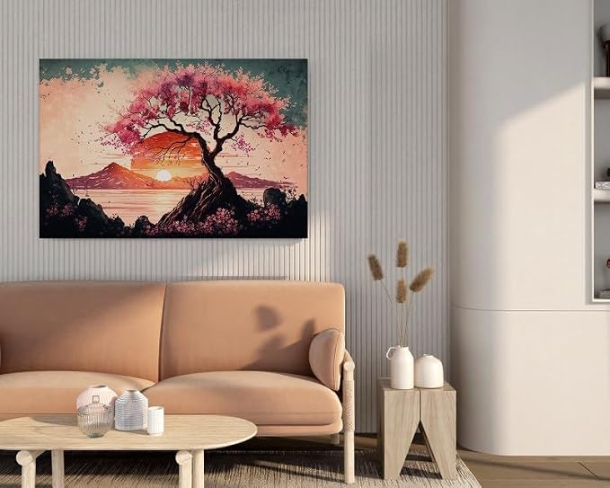 Artistic landscape with cherry blossoms at sunset, painted in vintage watercolor, 60 x 40 cm, beige