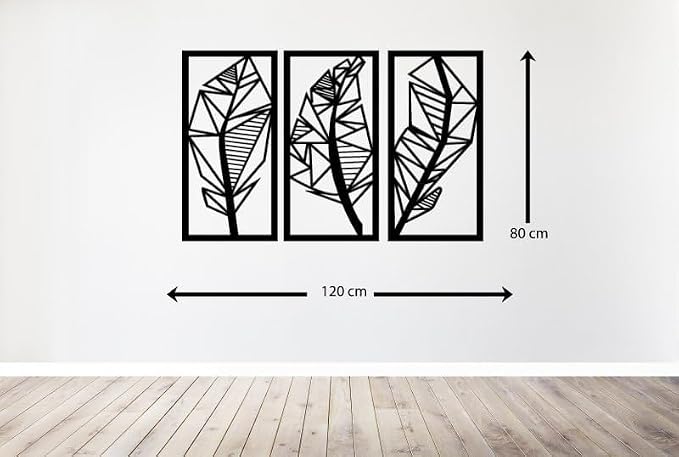 3-panel geometric leaf wooden wall art, black, 1.2m x 80cm, H01622