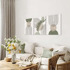 مجموعة KBKBART Sage Green Boho Wall Art من 3 قطع، لوحة فنية جدارية بوهيمية خضراء مريمية، تجريدية هندسية بخطوط أوراق شجر وشمس وقمر باللون البيج من الكانفاس