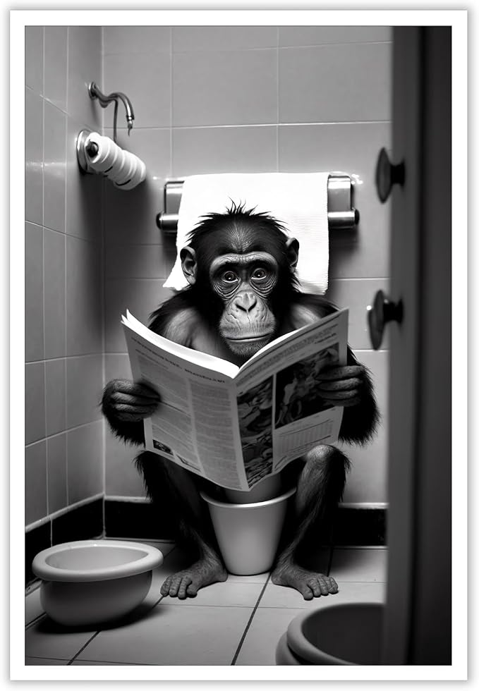KOEUIRW Funny Gorilla Bathroom Canvas Wall Art Cute Monkey In Toilet Posters Black and White Animal Prints Painting Maximalist Mid Century Modern Aesthetic Wall Decor for 16x24in Unframed