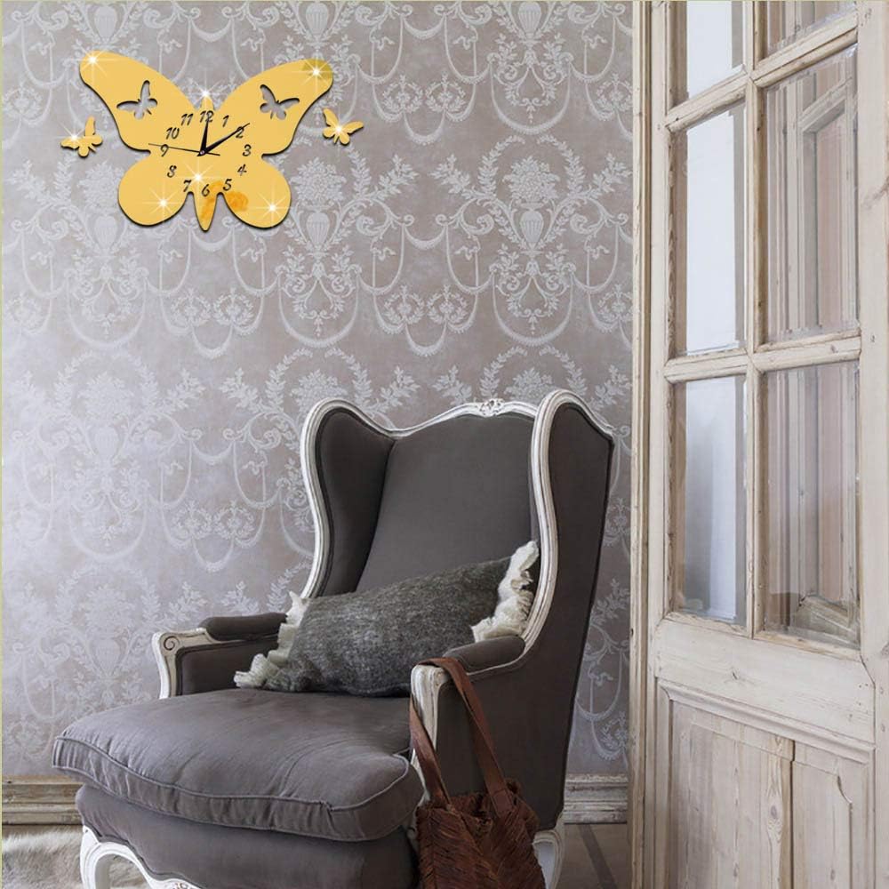 Peculiar Butterfly Shape Frame Creative Wall Clock Removable Mirror Stickers Watch Home living Room Bedroom Decor(Gold)