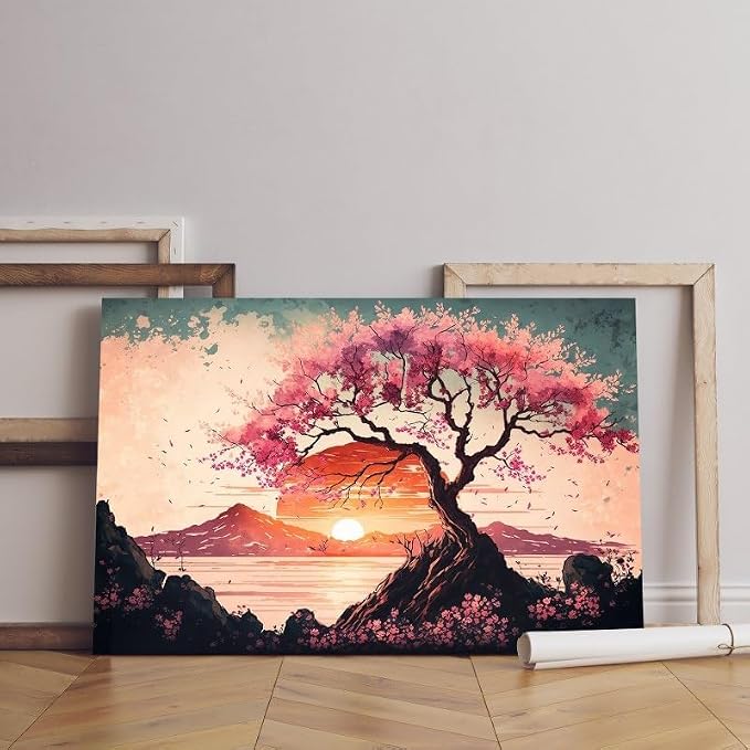 Artistic landscape with cherry blossoms at sunset, painted in vintage watercolor, 60 x 40 cm, beige