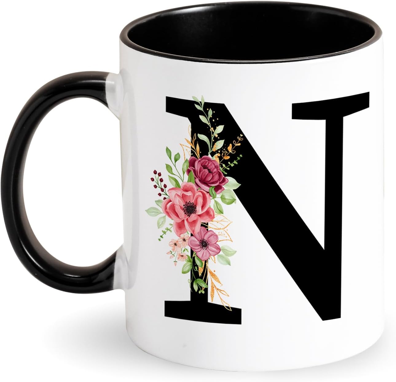 Tarklanda Initial Mugs Personalized Coffee Mug with Letters and Floral Black Ceramic Mug Initial Mug Gifts for Women Friends for Birthday, Valentine's Day, Christmas (N)