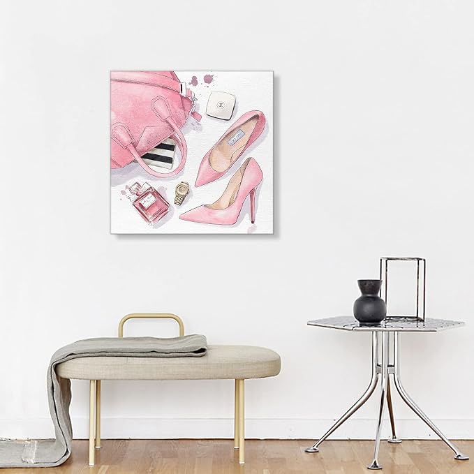 AGCary Female Bedroom Canvas Wall Art Decor عطر حقيبة يد كعب عالي طباعة صورة جدارية لغرفة نوم الفتيات المراهقات وغرفة المعيشة وغرفة النساء العصرية، لوحات جدارية مؤطرة 12x12 جاهزة للتعليق