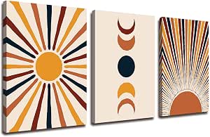 Orange Boho Wall Art Sunrise and Moon Minimalist Geometry Abstract Canvas Wall Art Modern 3 Pieces Stretched and Framed Artwork Canvas Prints for Home Office Bathroom Bedroom Wall Decor 12"x16"x3