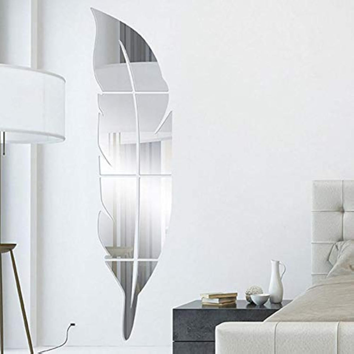 Silver Acrylic Mirror Sticker Removable Feather Shape Wall Stickers