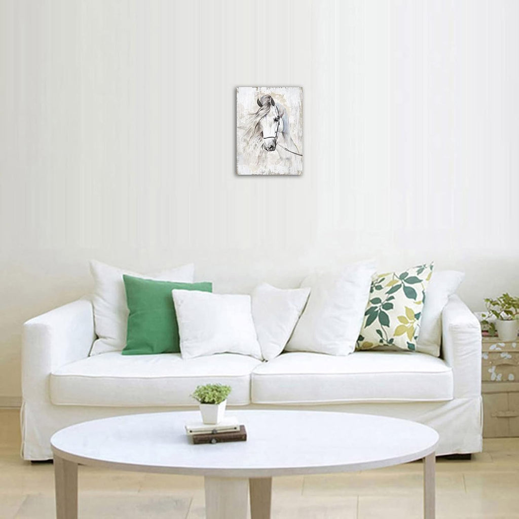 Horse Canvas Wall Art White Horse Canvas Wall Decor Farmhouse Wall Pictures Wild Animal Canvas Prints Painting Modern Artwork for Living Room Bedroom Office Home Decor Framed Ready to Hang 12"x 16"