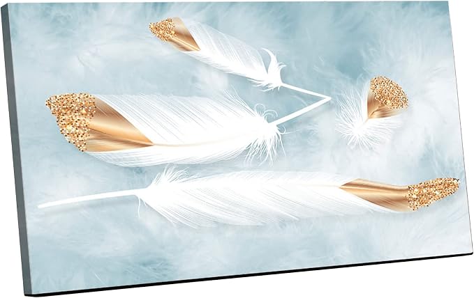 Abstract wall art panel with a feather design, white and gold color, measuring 60x40 cm, with a frame.