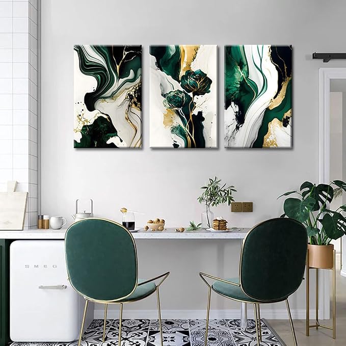 3Pcs Framed Emerald Green Wall Art, Modern Green and Gold Abstract Marble Canvas Wall Art Paintings Prints Posters Wall Decor Pictures for Living Room Bedroom Office Home Decoration, Ready to Hang