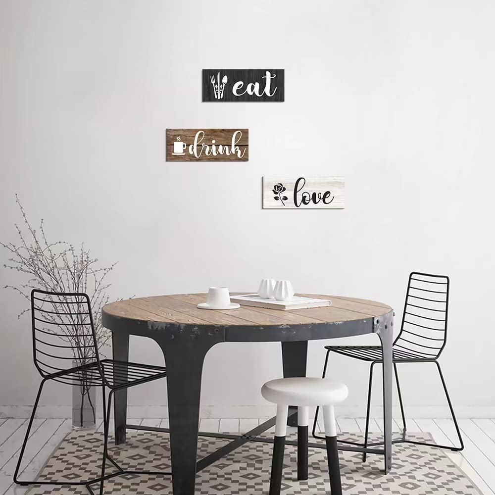 COLOR VALLEY ART ديكور حائط للمطبخ بعبارة Eat، 3 قطع لافتات خشبية بعبارة Eat Drink Love، ديكور حائط خشبي بتصميم ريفي للمطبخ وغرفة الطعام والبار والمقهى (بني، S)
