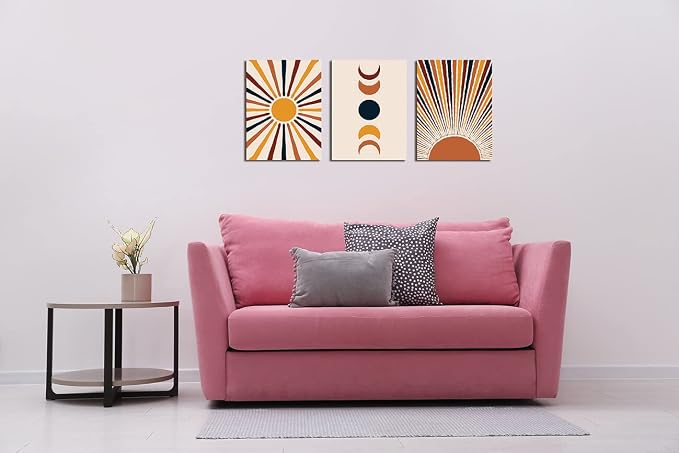 Orange Boho Wall Art Sunrise and Moon Minimalist Geometry Abstract Canvas Wall Art Modern 3 Pieces Stretched and Framed Artwork Canvas Prints for Home Office Bathroom Bedroom Wall Decor 12"x16"x3