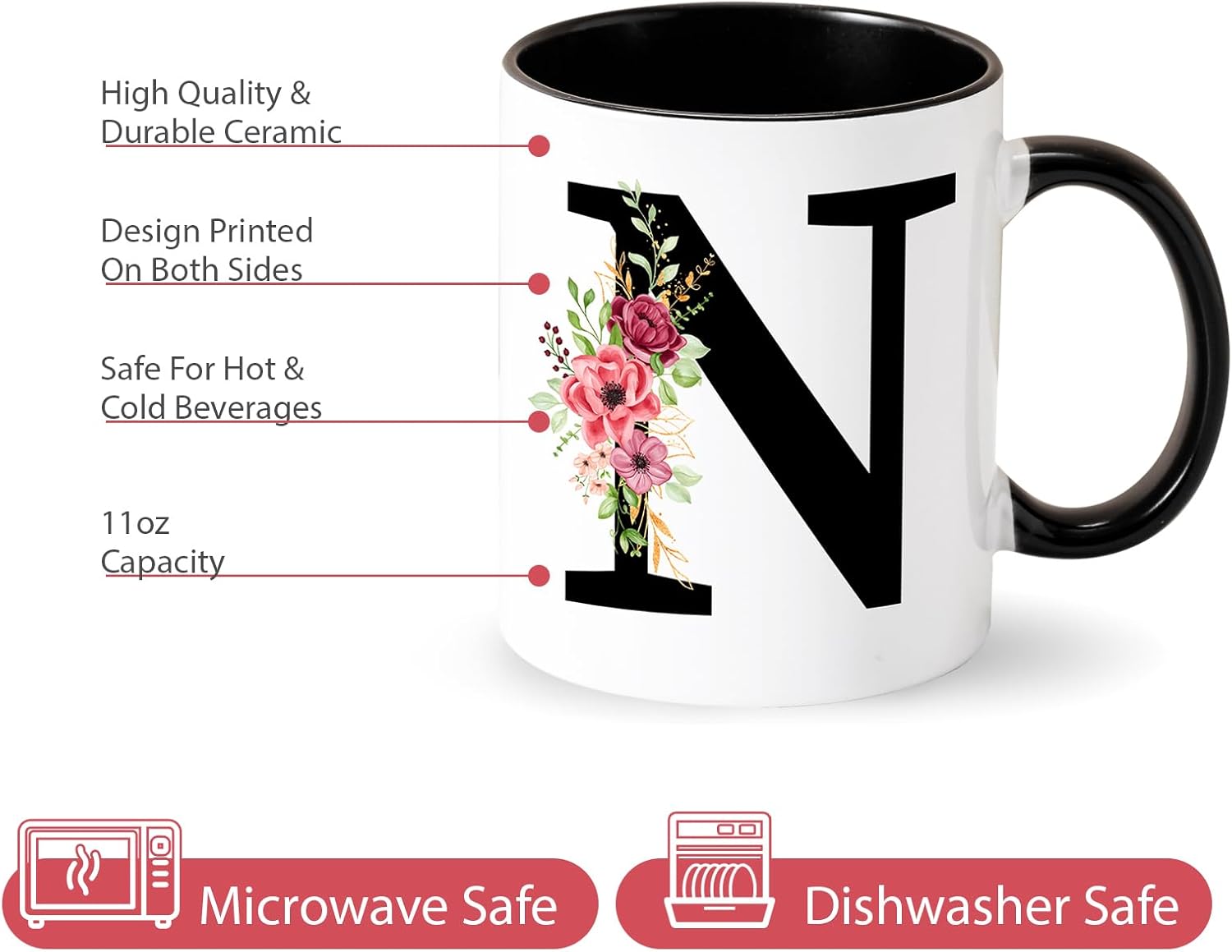 Tarklanda Initial Mugs Personalized Coffee Mug with Letters and Floral Black Ceramic Mug Initial Mug Gifts for Women Friends for Birthday, Valentine's Day, Christmas (N)