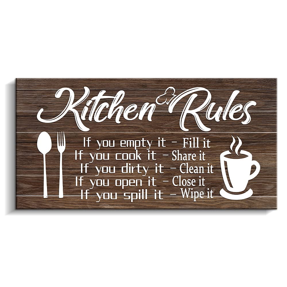 Pinetree Art Kitchen Rules Wall Decor Rustic Farmhouse Funny Kitchen Quote Wood Wall Sign Modern Home Wooden Signs for Kitchen Decoration (6" X 11.5", brown)