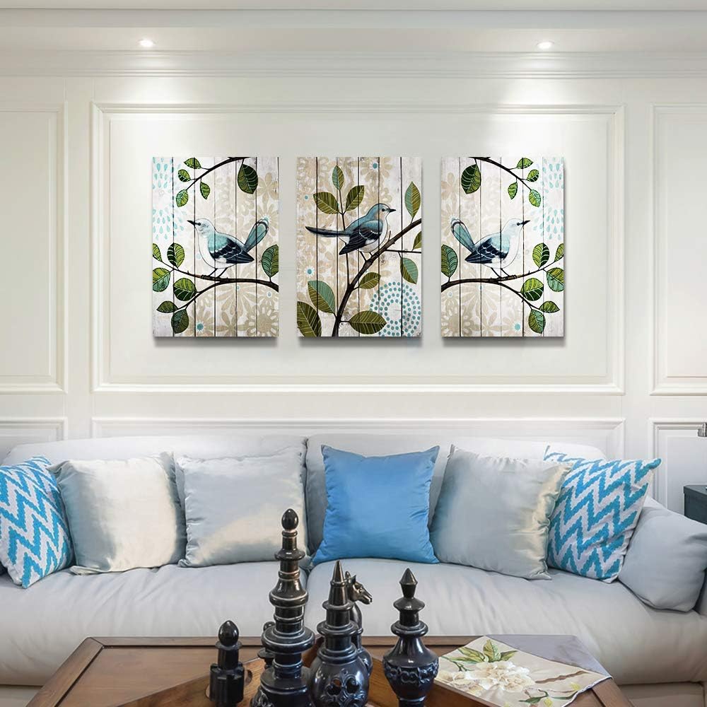 Flowers and birds 3 Pieces abstract Canvas Wall Art for living room Wall Decor for bedroom kitchen decorations Wood grain posters Canvas Prints artwork Modern framed bathroom Home decoration