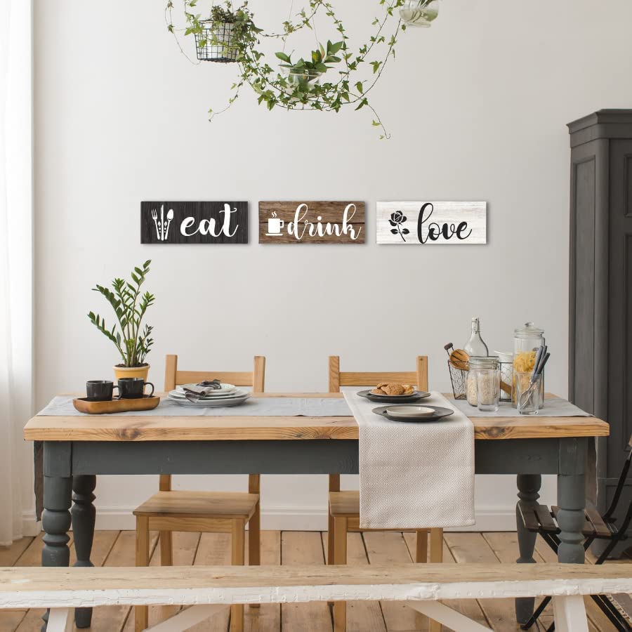 COLOR VALLEY ART ديكور حائط للمطبخ بعبارة Eat، 3 قطع لافتات خشبية بعبارة Eat Drink Love، ديكور حائط خشبي بتصميم ريفي للمطبخ وغرفة الطعام والبار والمقهى (بني، S)
