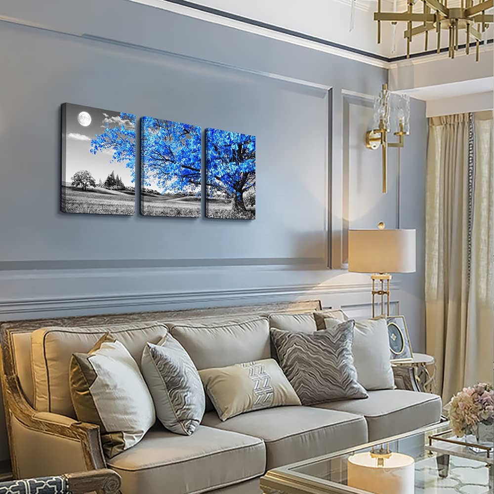 TTHWALLART لوحة فنية جدارية لغرفة المعيشة باللونين الأسود والأبيض، شجرة زرقاء، قمر، ديكور منزلي، لوحة فنية قماشية 12 بوصة × 16 بوصة، 3 قطع مطبوعة لغرفة النوم، صالون حديث، مطبخ، مكتب، لوحة للتعليق
