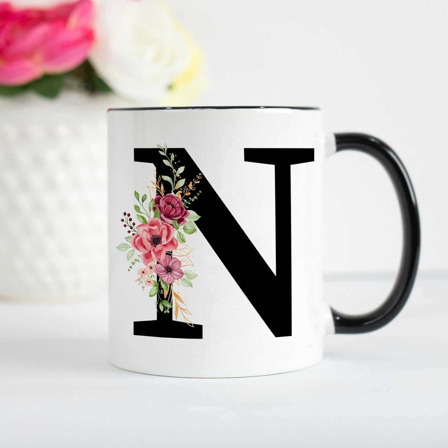 Tarklanda Initial Mugs Personalized Coffee Mug with Letters and Floral Black Ceramic Mug Initial Mug Gifts for Women Friends for Birthday, Valentine's Day, Christmas (N)