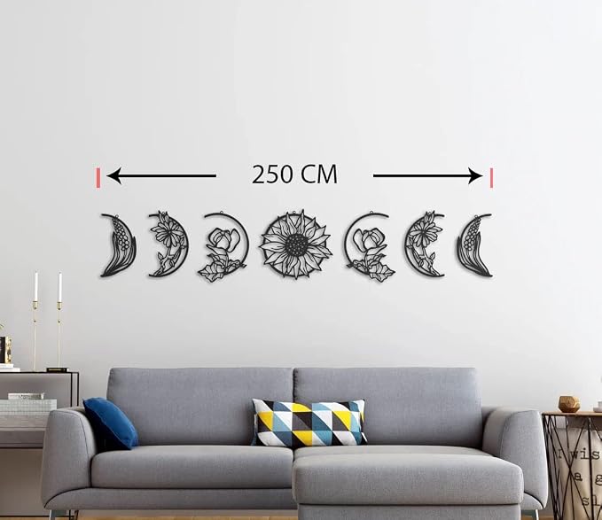 Wooden Art Wall Stickers with Floral and Moon Phase Design, 7-pack, each measuring 30 x 30