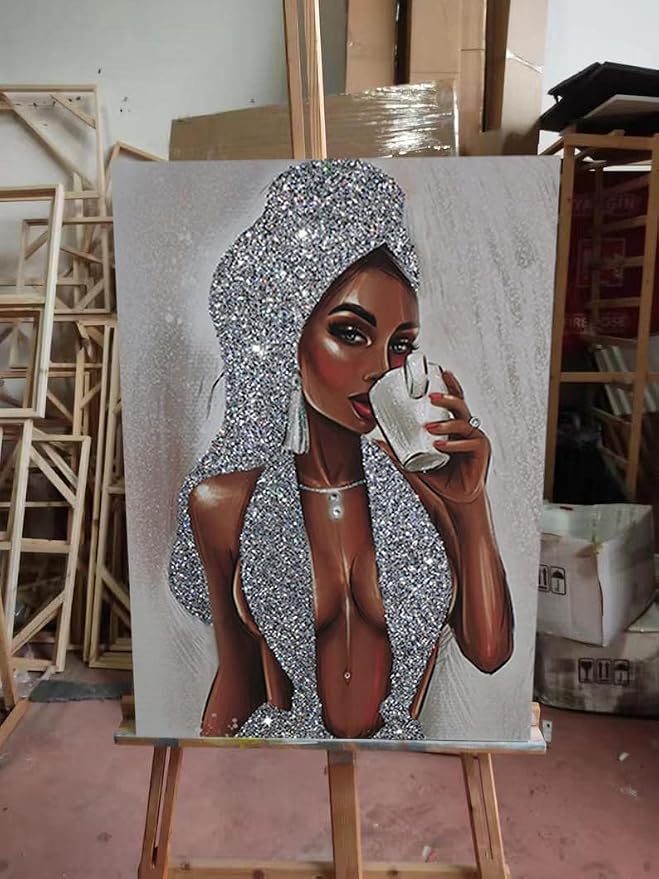 BKO African American Women Canvas Wall Art Decor,Women's Popular Canvas Painting,Black Woman Silver Glitter Textured Canvas Print ,16x24 inch,Unframed.