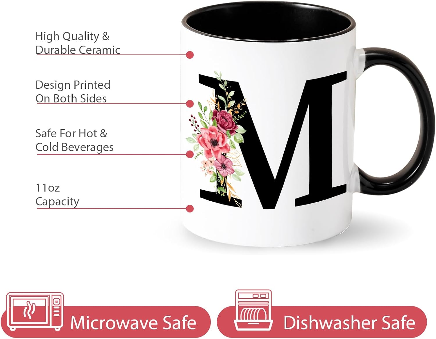 Tarklanda Initial Personalised Alphabet Mug With Flower Pattern - Letter Mug Gift for Women, Black Ceramic - Birthday, Christmas (M)