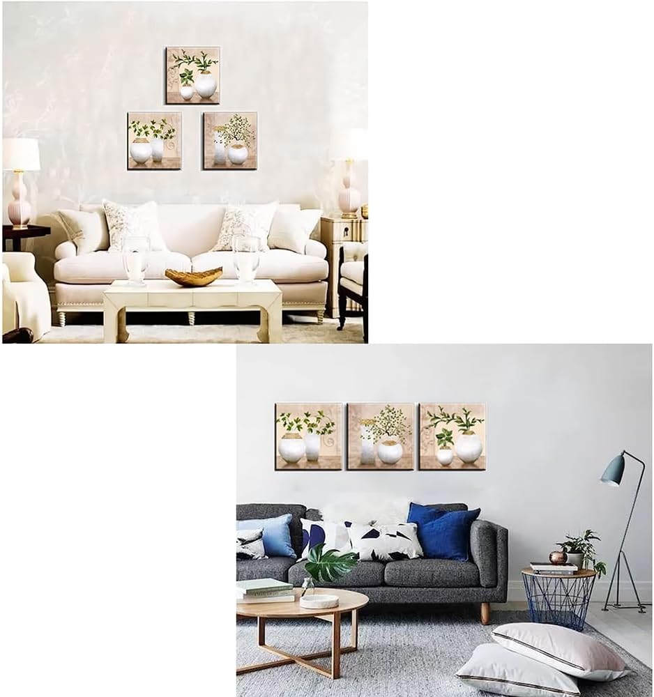 Piy Painting 3Pcs Elegant Green Plants in Vase Bottles Picture Painting Canvas Wall Art Waterproof Bracket Mounted in Real Wood Paintings Nice Gift for your Home Décor 12x12inch