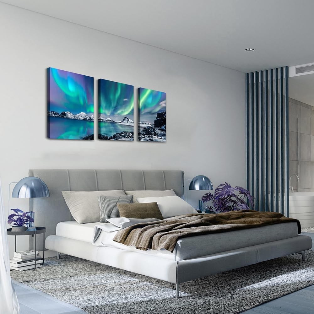 Farmhouse Canvas Wall Art For Bedroom Wall Decorations For Living Room Office Wall Decor Aurora Scenery Painting On Stretched And Framed Wall Pictures 3 Piece Ready To Hang For Bathroom Home Decor