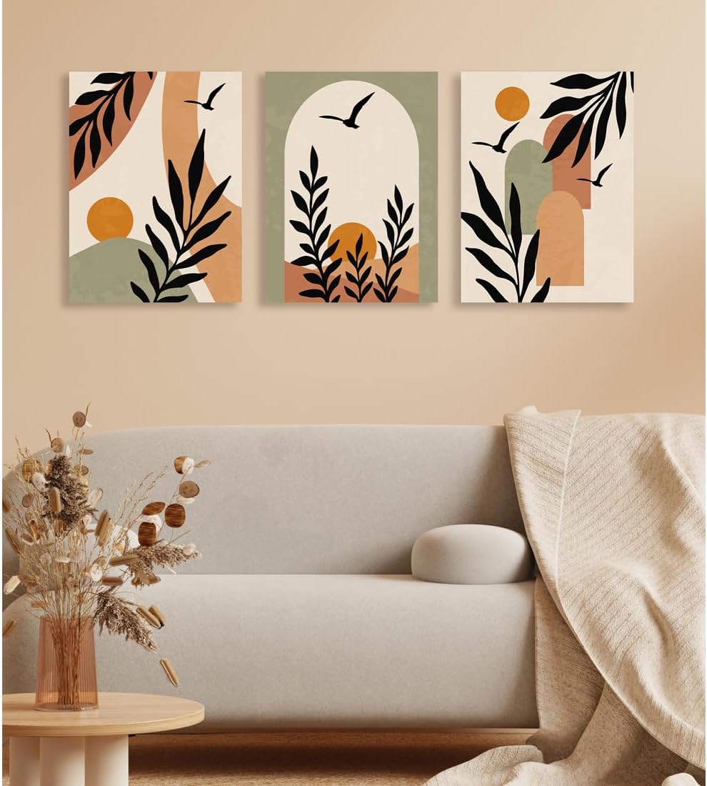 EUROPICART Living Room Wall Art Boho Style Abstract Painting Decoration, Bohemian Warm Canvas Prints Artwork for Modern Home Walls Décor, Set of 3 (12x16)