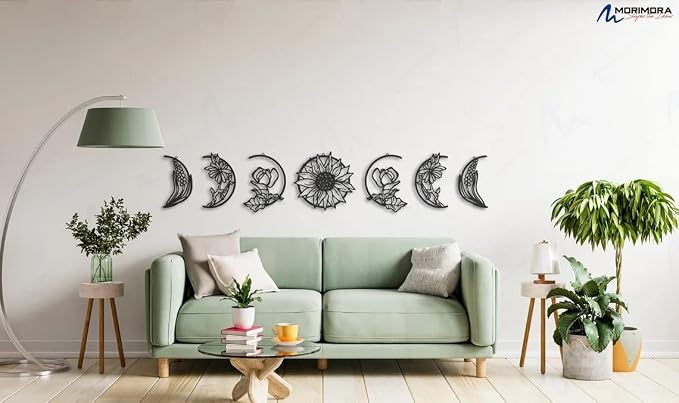 Wooden Art Wall Stickers with Floral and Moon Phase Design, 7-pack, each measuring 30 x 30