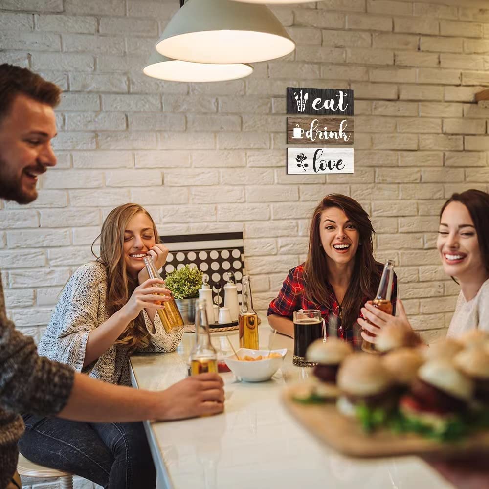 COLOR VALLEY ART ديكور حائط للمطبخ بعبارة Eat، 3 قطع لافتات خشبية بعبارة Eat Drink Love، ديكور حائط خشبي بتصميم ريفي للمطبخ وغرفة الطعام والبار والمقهى (بني، S)