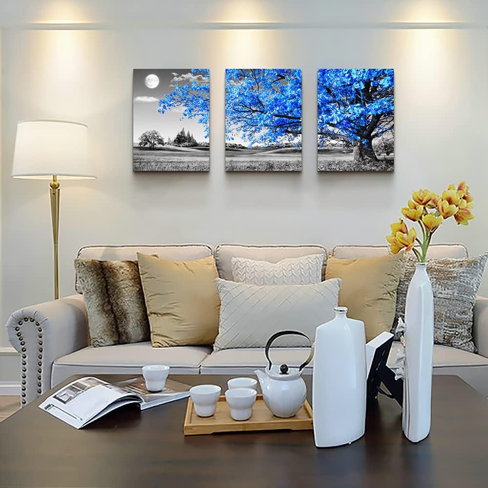 TTHWALLART لوحة فنية جدارية لغرفة المعيشة باللونين الأسود والأبيض، شجرة زرقاء، قمر، ديكور منزلي، لوحة فنية قماشية 12 بوصة × 16 بوصة، 3 قطع مطبوعة لغرفة النوم، صالون حديث، مطبخ، مكتب، لوحة للتعليق