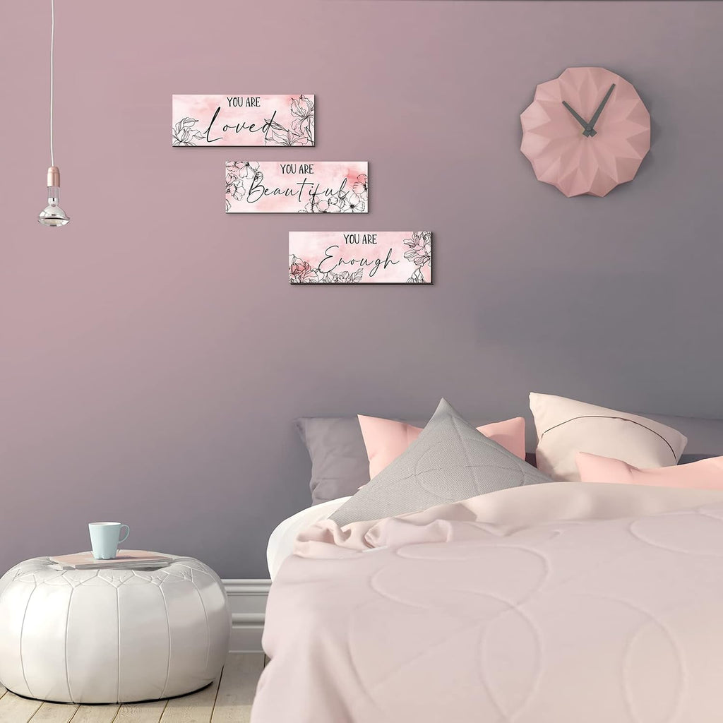 Yookeer 3 Pcs Floral Wooden Wall Hanging Wall Art Positive Quotes You Are Beautiful Inspirational Wall Decors for Valentine Kids Girls Teacher Women Assistant Secretaries (Pink, 4 x 11 Inch)