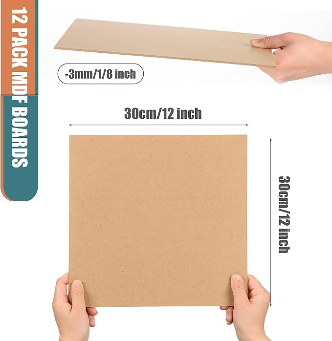 12 Pack MDF Wood Board for Crafts 12x12x1/8 Inch-3 mm Thick Medium Density Fiberboard Unfinished Wood Art Boards Blank Wooden Blocks Chipboard Panels for DIY Crafts, Painting, Engraving,Home Decor