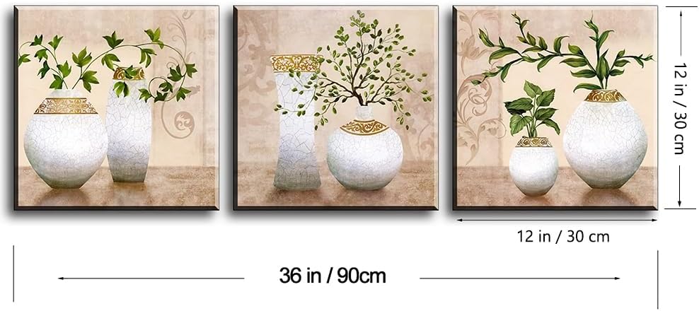 Piy Painting 3Pcs Elegant Green Plants in Vase Bottles Picture Painting Canvas Wall Art Waterproof Bracket Mounted in Real Wood Paintings Nice Gift for your Home Décor 12x12inch