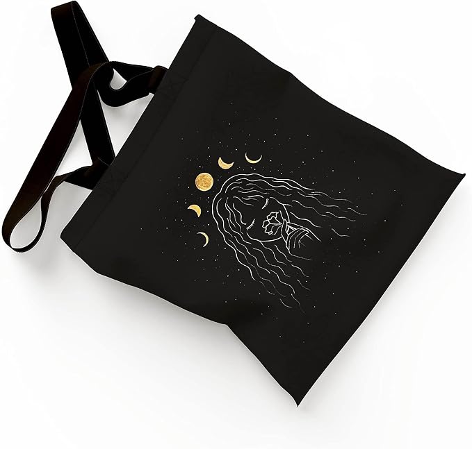 Huayyah T31 Canvas Tote Bag With Zipper And 2 Large Pockets (Moons Girl)
