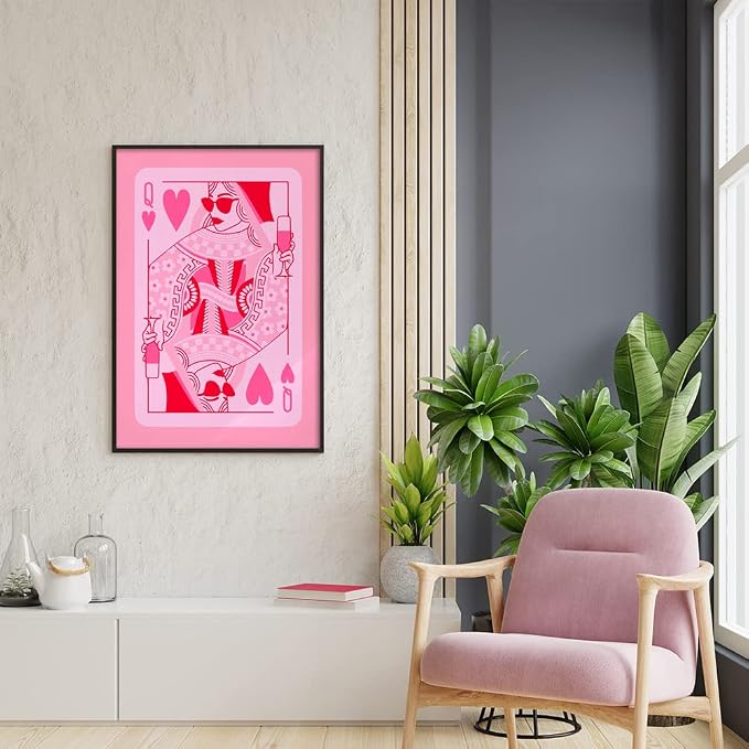 HEMOLAL pink Queen of Hearts poker aesthetic posters funny preppy playing card canvas wall art game room prints painting retro trendy modern wall decor for teen girl bedroom dorm 12x16in unframed