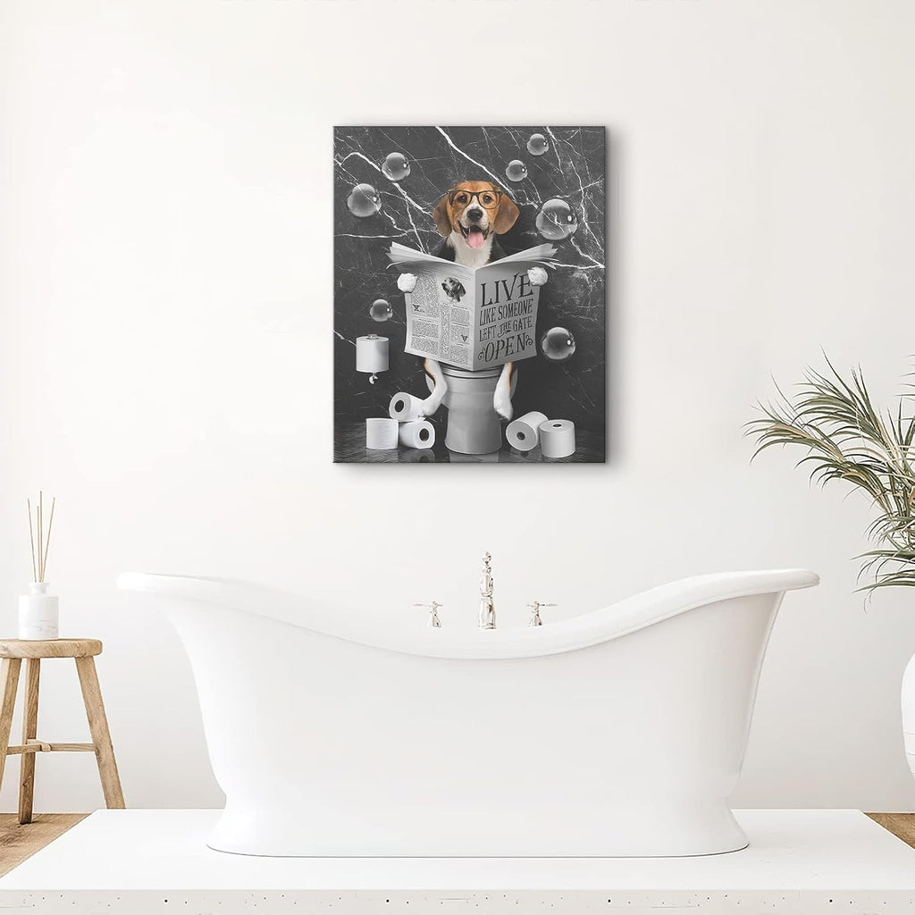 Kateflower Beagle Dog Sitting in Toilet Bathroom Decor Wall Art Funny Beagle Pictures Black and White Bathroom Wall Decor Farmhouse Dogs Painting for Toilet Bathroom Animals Artwork Framed 12"x16"
