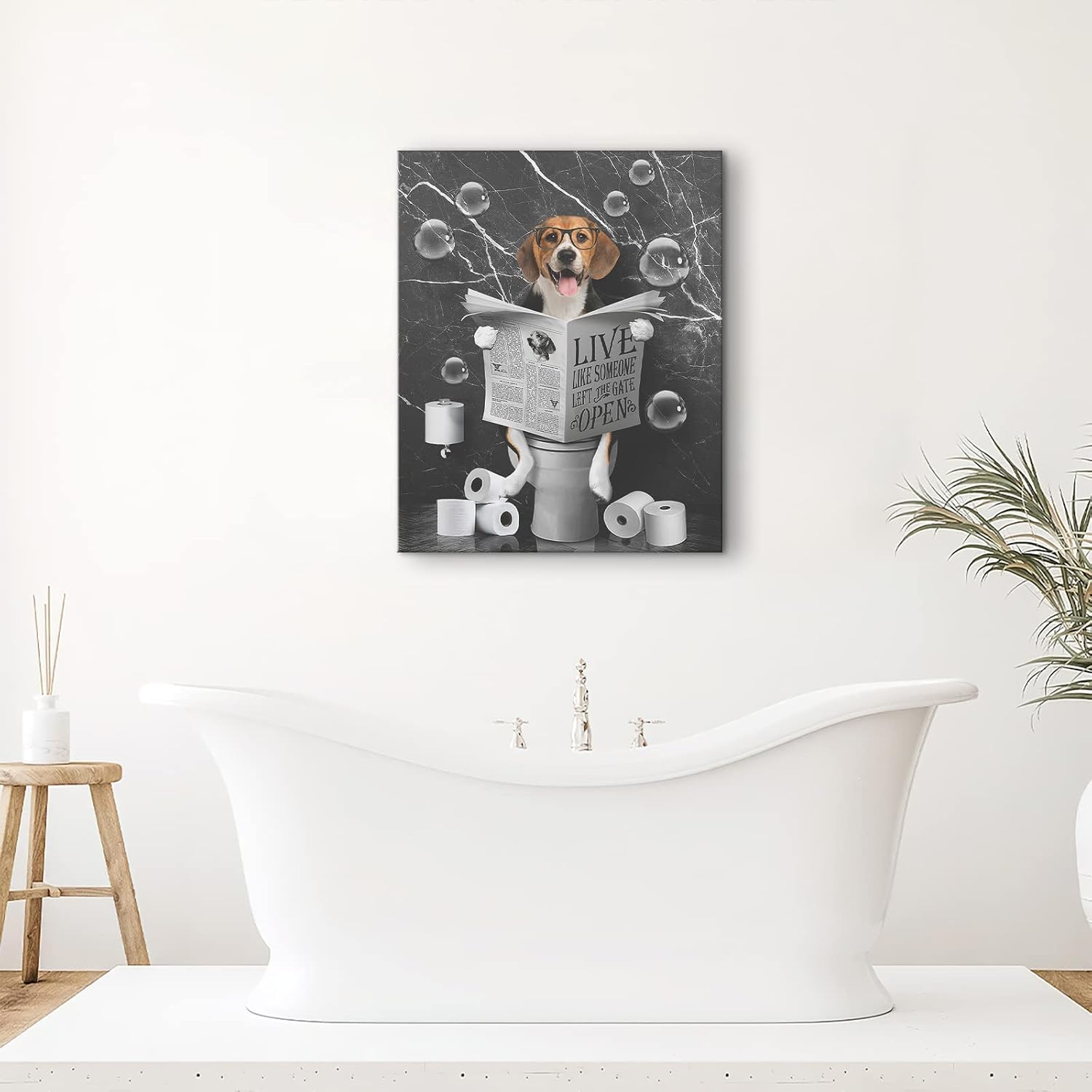 Kateflower Beagle Dog Sitting in Toilet Bathroom Decor Wall Art Funny Beagle Pictures Black and White Bathroom Wall Decor Farmhouse Dogs Painting for Toilet Bathroom Animals Artwork Framed 12"x16"