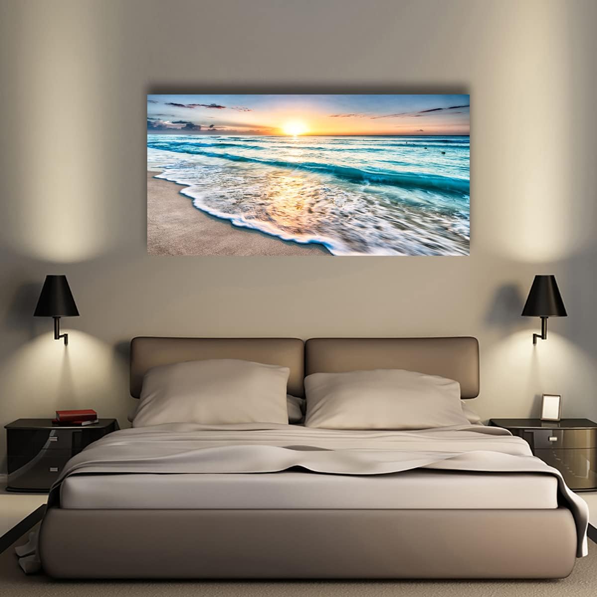 Beach Wall Art Canvas Prints Seascape Picture Framed House Decor Natural Landscape Poster Blue Ocean with White Waves Sunset Painting Artwork for Living Room Bathroom Kitchen Office Wall Decoration