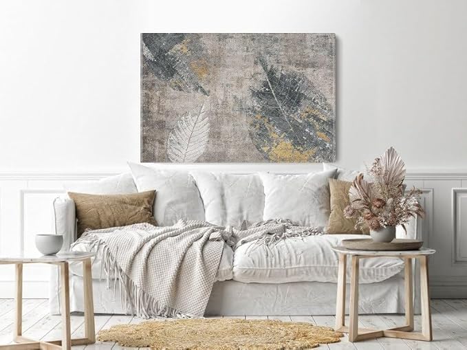Canvas wall art print with vintage watercolor leaves, 60x40cm, Grey