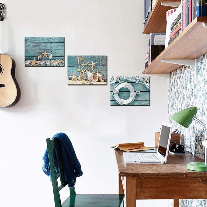 Biuteawal- 3 Piece Canvas Wall Art Starfish Shell on Teal Board Painting Prints Beach Nature Picture Canvas Artwork for Home Kitchen Bathroom Living Room Wall Decor Ready to Hang