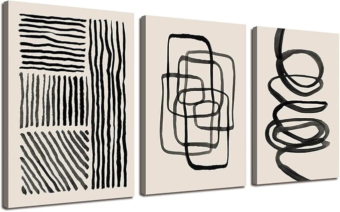 Gray and Black Line Creative Minimalist Abstract Wall Art Decor Modern 3 Pieces Stretched and Framed Pictures HD Artwork Canvas Print Wall Art for Bedroom Bathroom Home Office Wall Decor 12"x16"x3